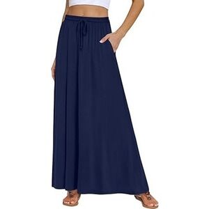 Navy Blue Maxi Skirt AZY Women's M Drawstring Waist Pockets Casual Comfy